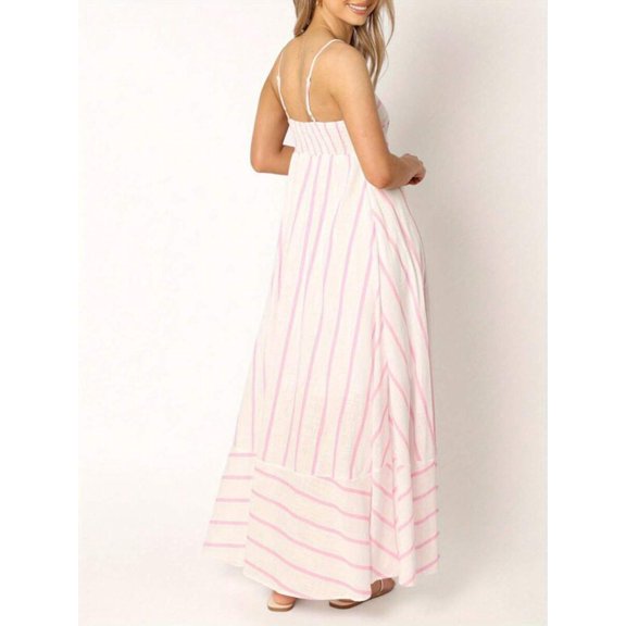 Pink Striped Maxi Dress Sleeveless Spaghetti Strap A-Line Boho Swing Beach Dress