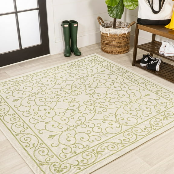 JONATHAN Y SANTA MONICA 5' Square Area Rug, Charleston Vintage Filigree Textured Weave - Cream/Green, SMB106I-5SQ