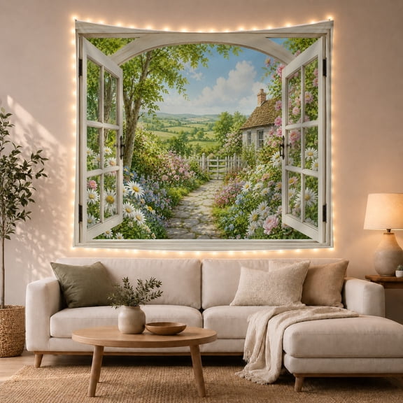 Open Arched Window with Cottage Garden and Rolling Fields, Romantic Cottagecore for Garden Lovers, Floral Wall Art Decor, Housewarming Gift, Tapestry Wall Hanging for Bedroom and Living Room
