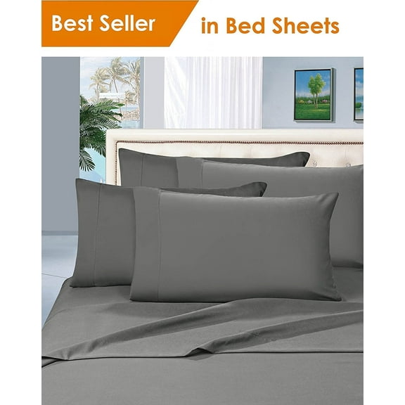 Elegant Comfort® Luxury Silky-Soft 1800 Series Premium Collection - Wrinkle-Free 4-Piece Bed Sheet Set, Deep Pocket up to 16 inch, Split King, Grey