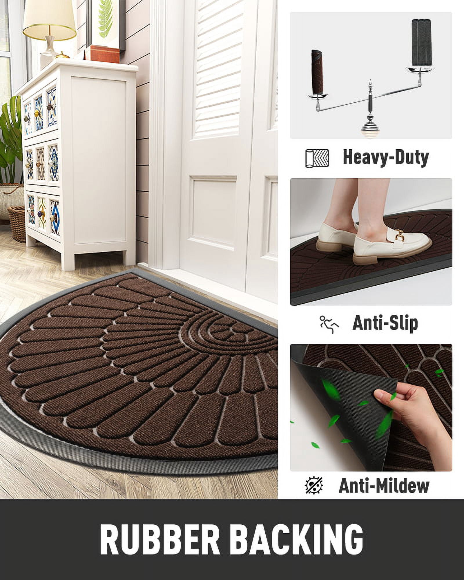 VUNATE Door Mat Outside Indoor Doormat Non Slip Rubber Welcome Mat Outdoor Mat for Front Door Entrance Absorbent Dirt Trapper Floor Mats for Home Low Profile Entry Rug Half Round 24"x35" Brown