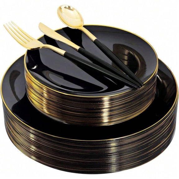 150PCS Black & Gold Plastic Dinnerware Set - Plates & Silverware for Birthdays, Weddings, Christmas & Holiday Parties