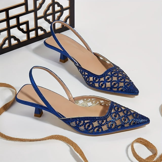 Chic & Comfortable All-Season Kitten Heels with Sparkling Rhinestones, Pointed Toe, and Breathable Mesh Design Shoes for Women Girls