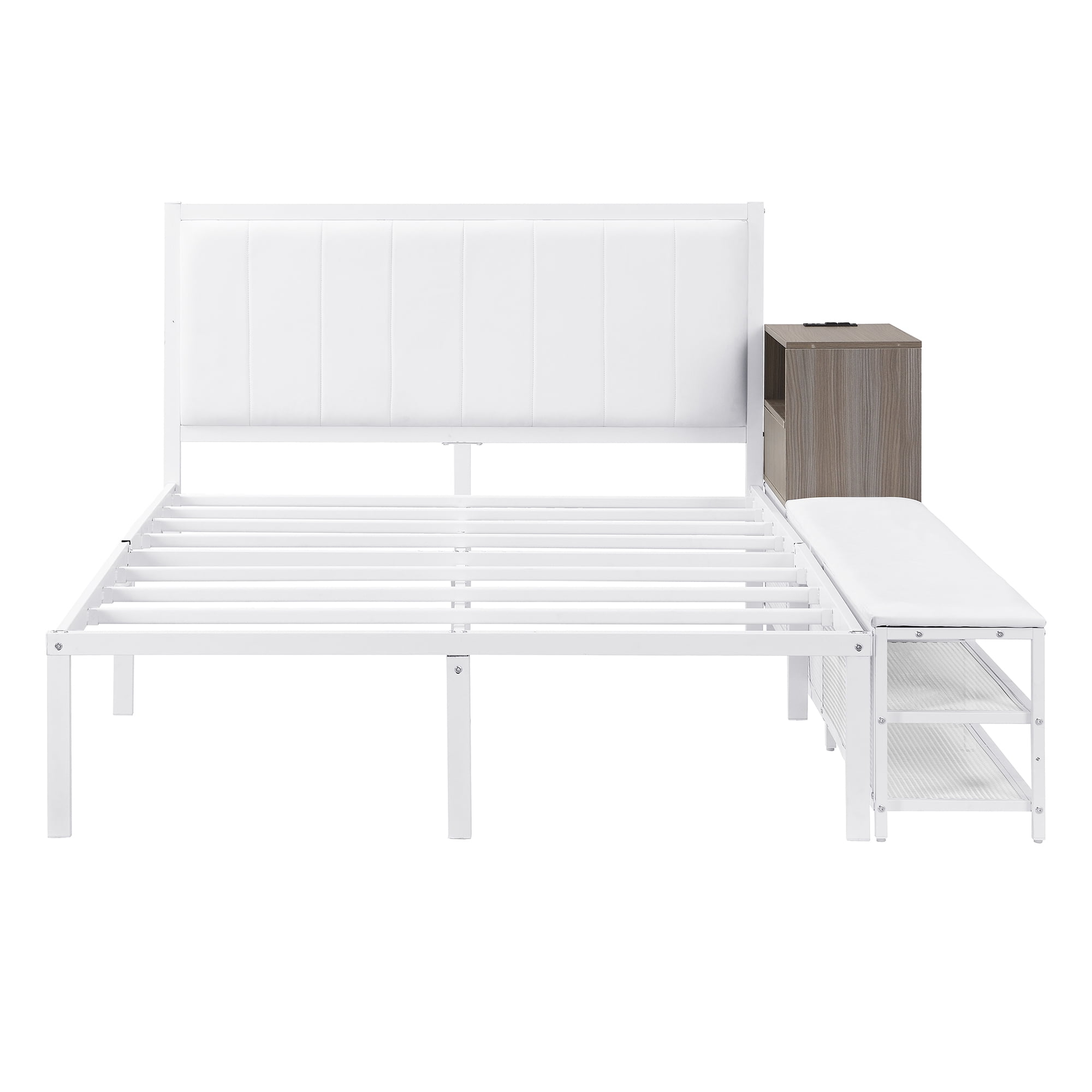 Euroco Metal Full Size Platform Bed with Two-Tier Storage Shelves, Wooden Storage Cabinet for Kids Teens, White