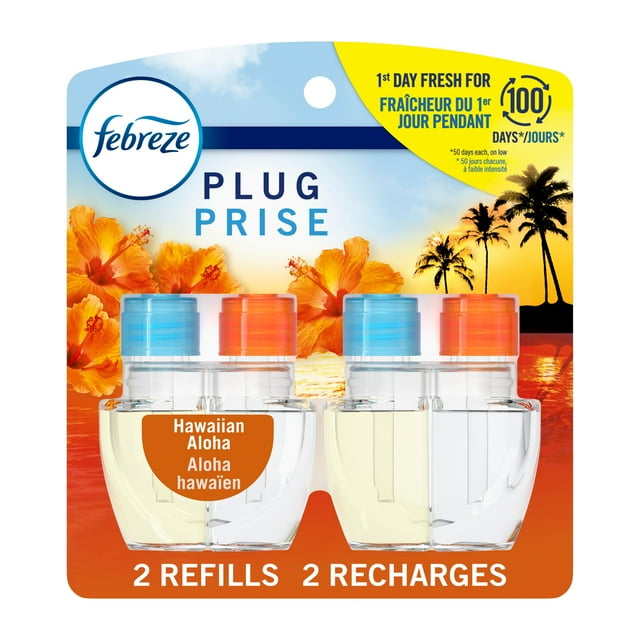 Febreze Plug In Air Freshener, Odor-Fighting Scented Oil Refill, Hawaiian Aloha Scent, 2 Refills