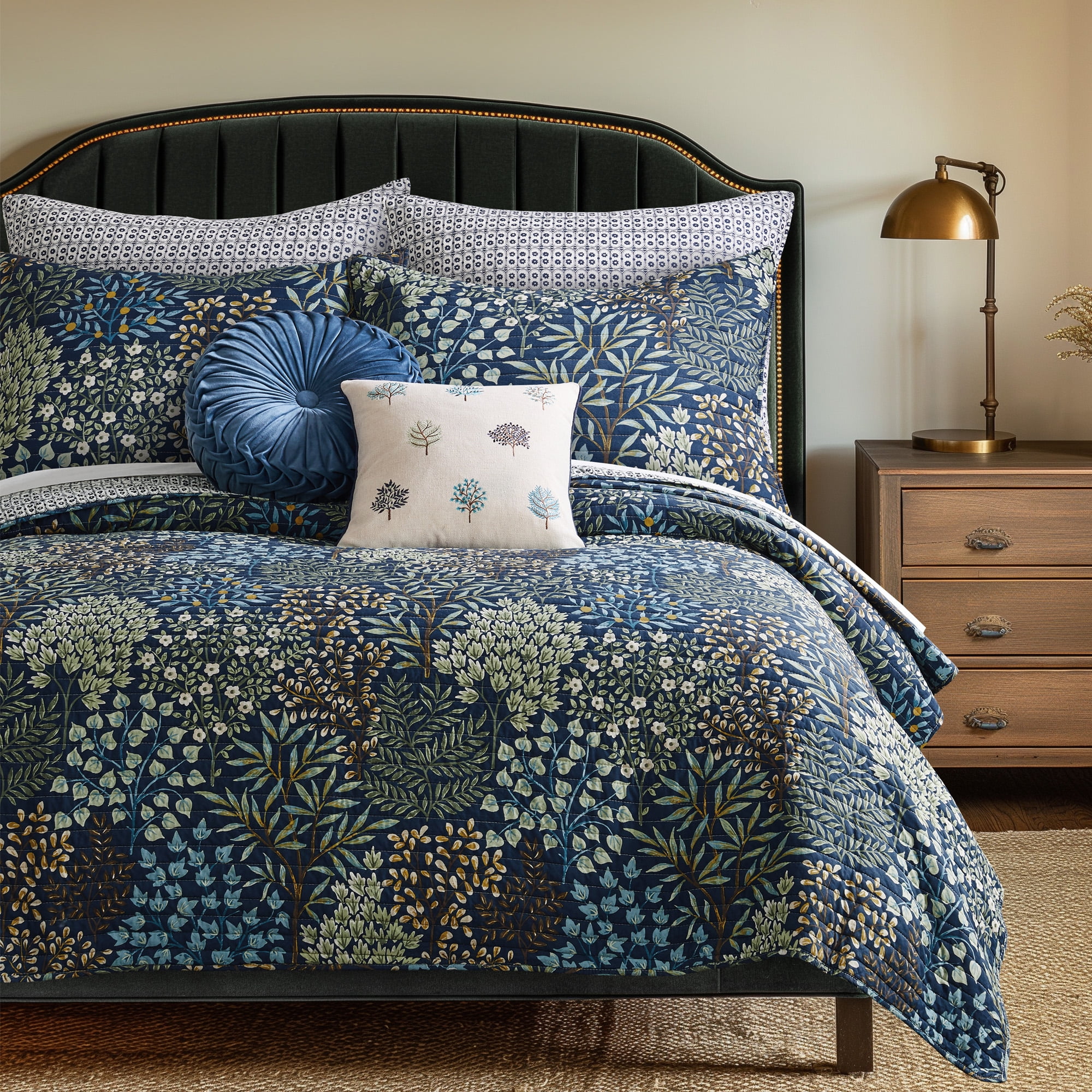 Levtex Home - English Forest Navy Quilt Set - King Quilt and Two King Shams - Leaves - Navy, Green, Teal, Blue, Cream - Quilt (106x92in.) and Shams (20x36in.) - Reversible - Rayon/Cotton