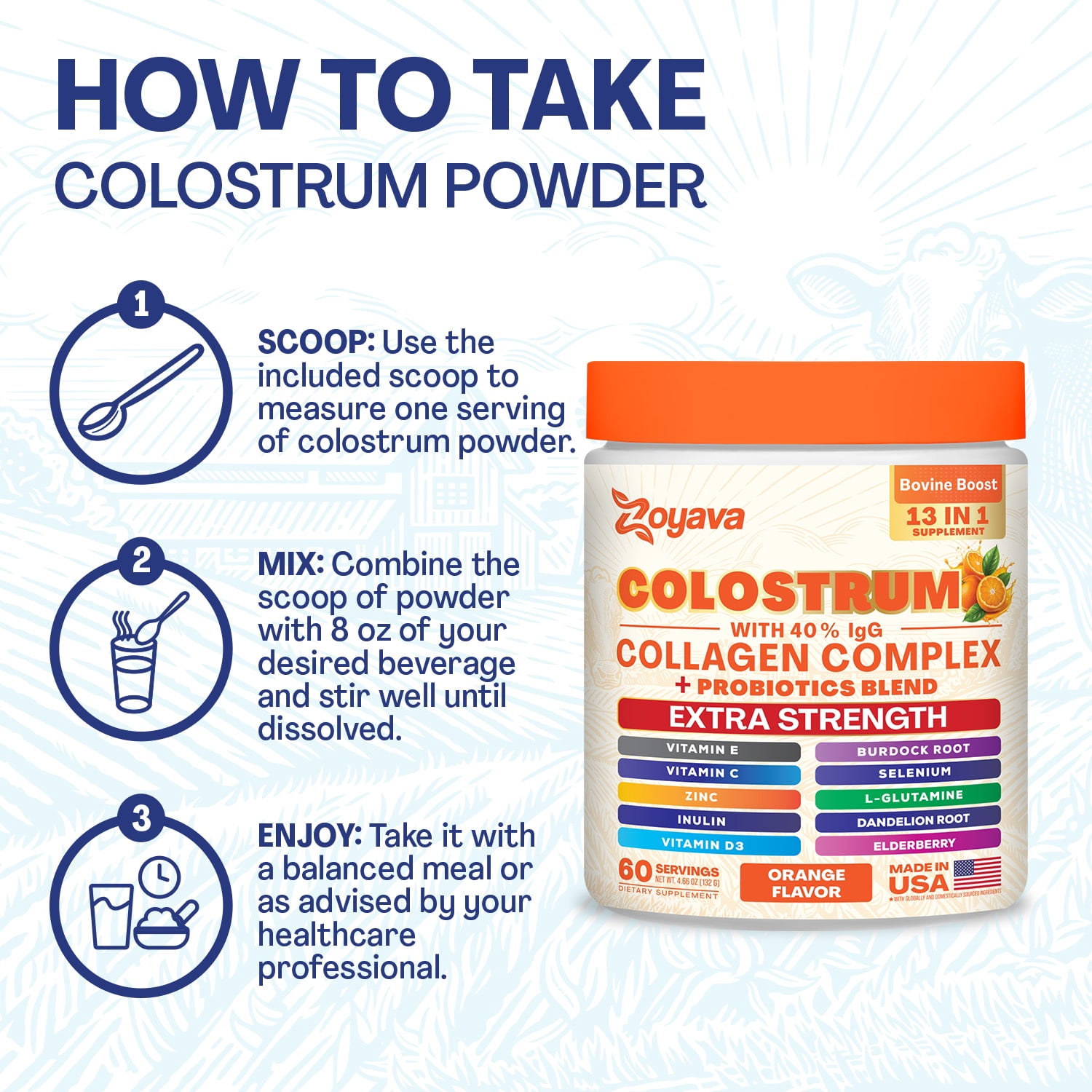 Parrox Colostrum Powder with 40% IgG, Collagen, Probiotics, Burdock Root,  L-Glutamine, Elderberry, Vitamin C, Vitamin E, Vitamin D3, Inulin, Selenium, Dandelion Root, Zinc, 60 Servings (Orange)