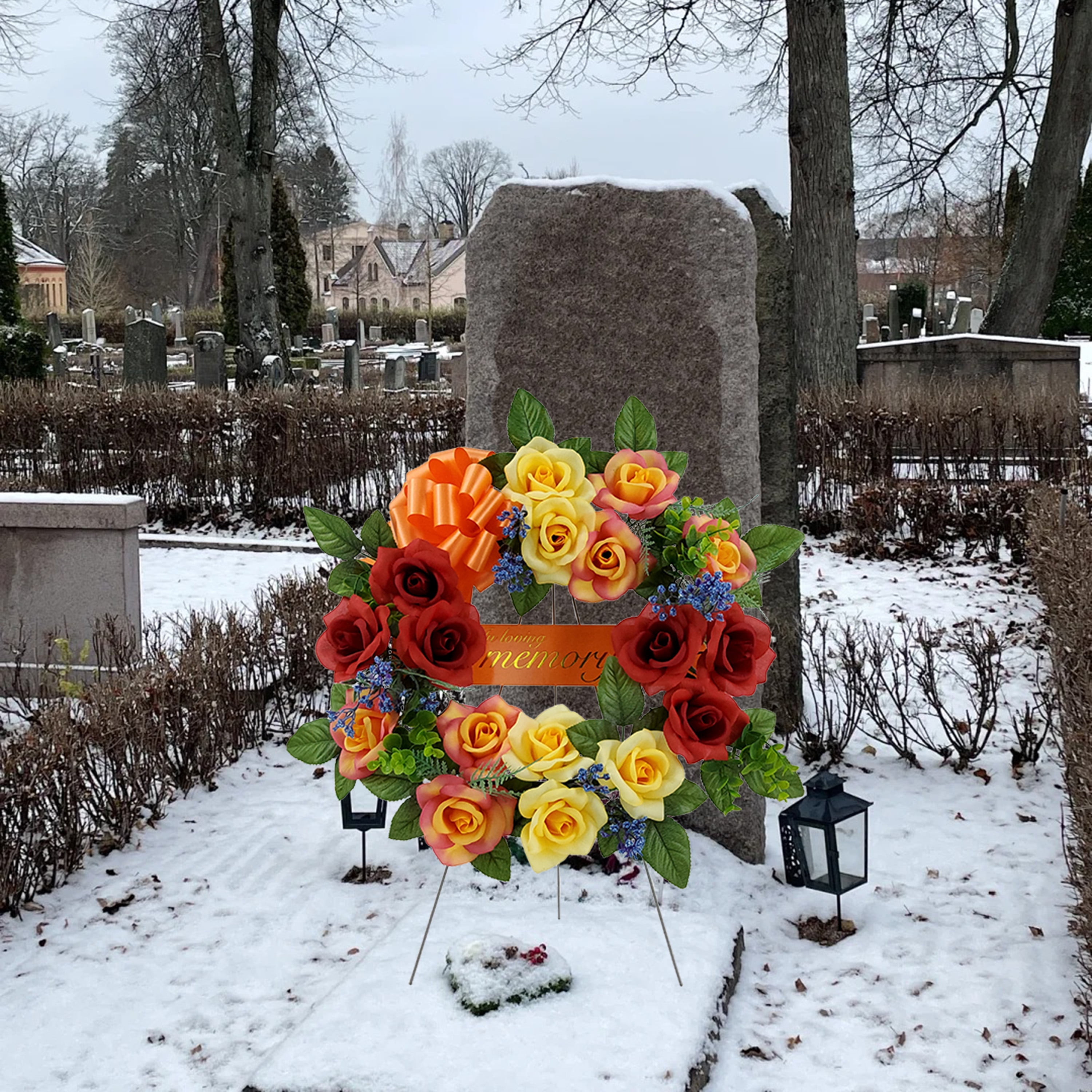 Mainstays 17in Outdoor Artificial Rose Wreath, Red and Yellow Color. Polyester.