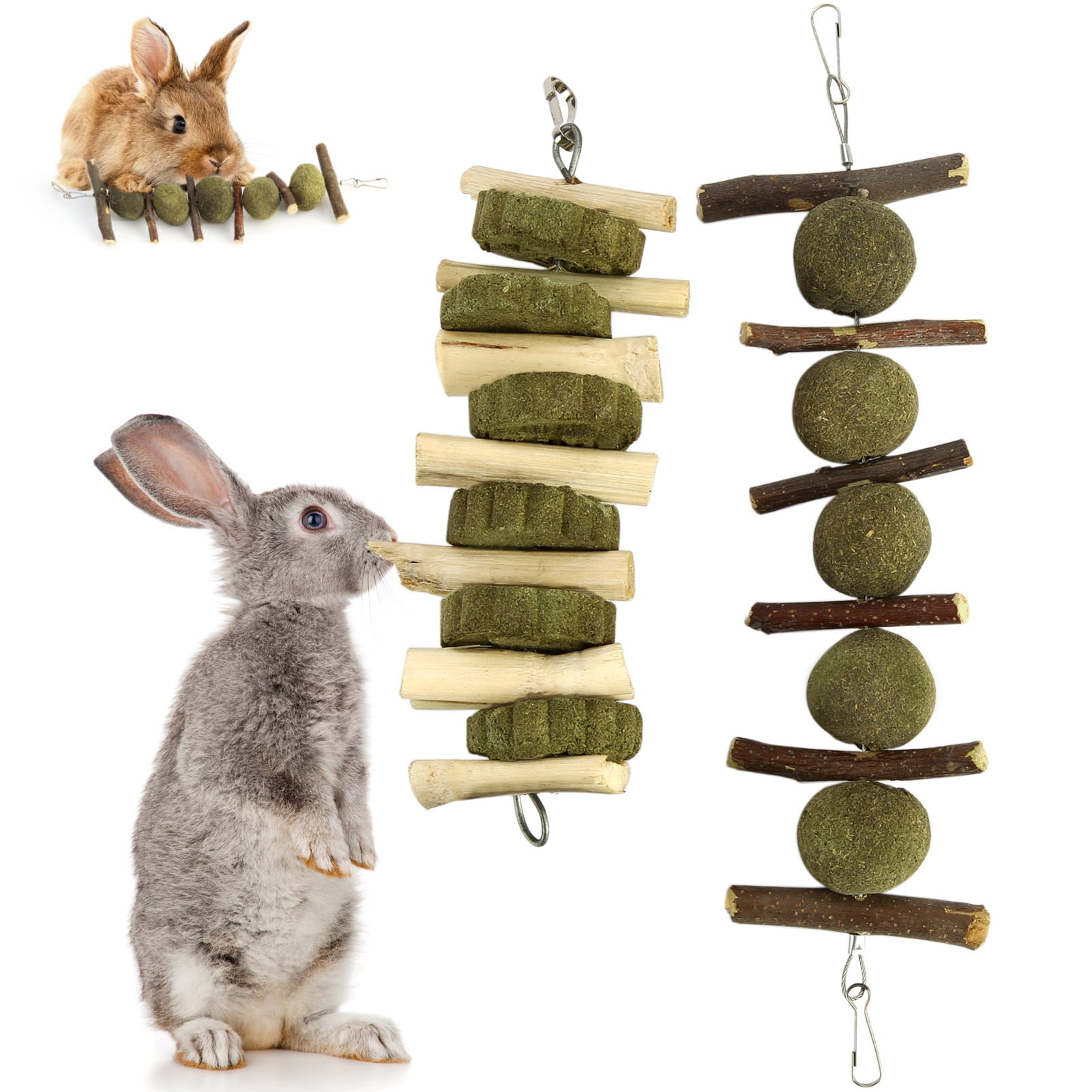Double Head Suspension Natural Apple Wood Sticks with Timothy Grass Balls Improve Dental Health for Rabbits Chinchilla Hamsters Guinea Pigs Gerbils Squirrels Rabbit Chew Toys for Teeth 