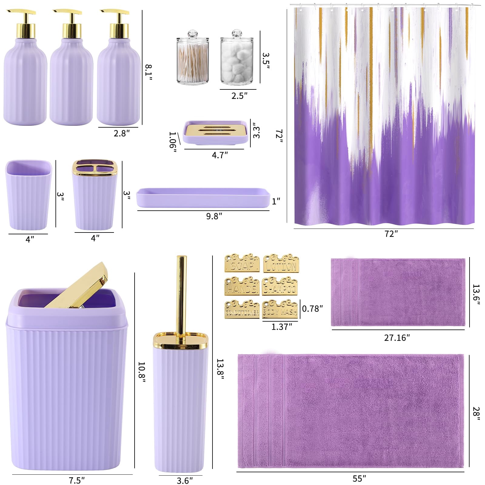 17PCS Bathroom Accessories Bathroom Set Black Bathroom Accessories,Toilet Brush, Trash Can, Qtip Holder Dispenser& 3PCS Soap Dispenser