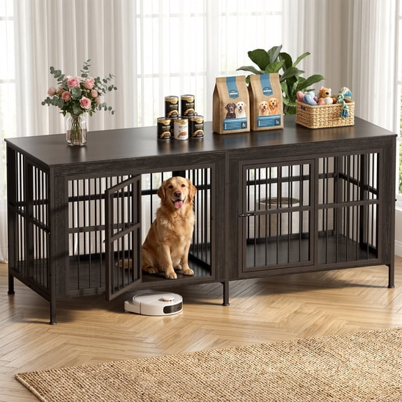 YOKWOK 88 Inch Dog Crate Furniture for Large Dogs with Sturdy Removable Divider, 3-In-1 Extra Large Double Doors Dog Kennel, XXL Thick Wooden Dog Cage Furniture, Black
