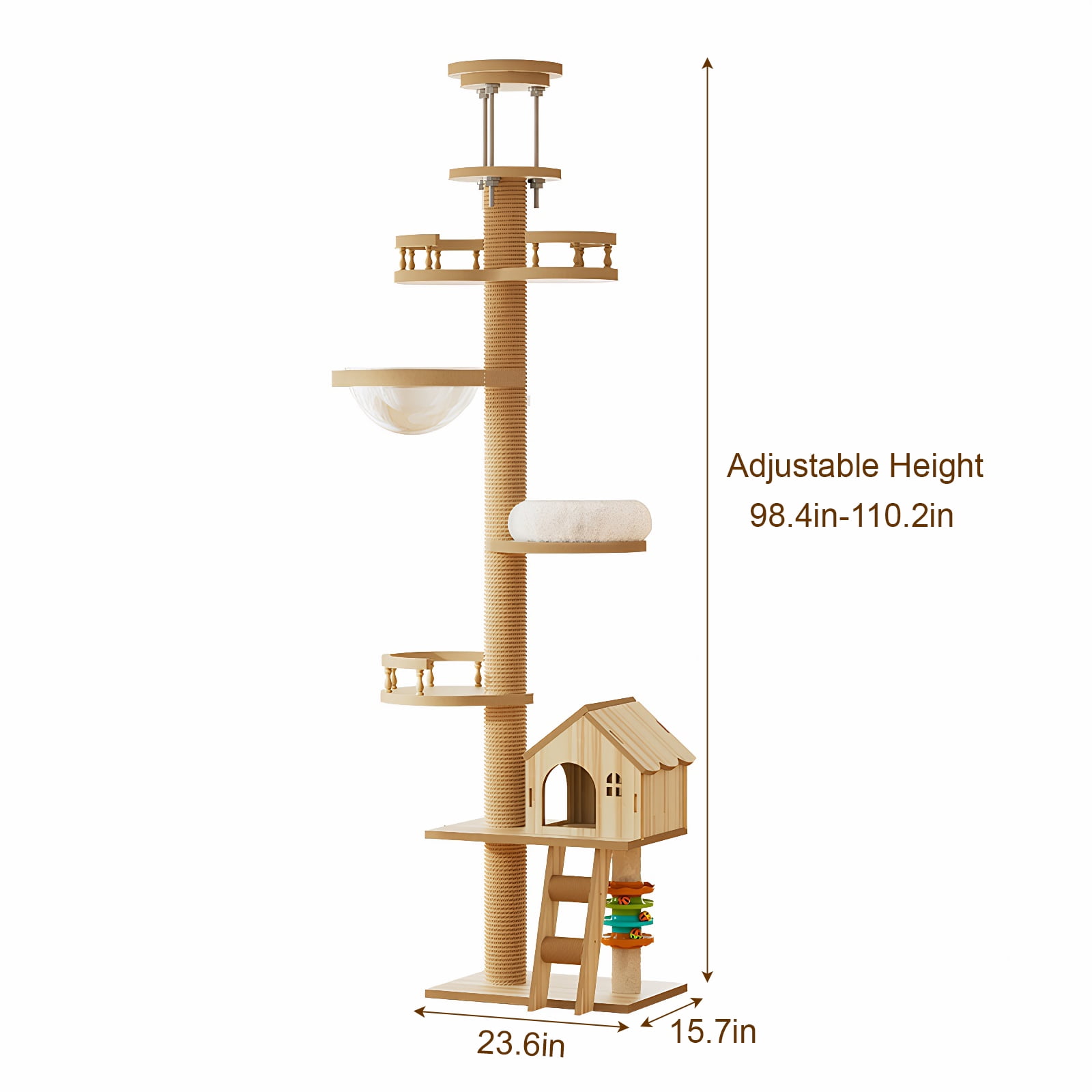Villeston Floor to Ceiling Cat Tree with Scratching Post, Adjustable Height(98-110 Inch), Large Wood Condo Cave Bed and Hammock, Modern Cat Activity Tree