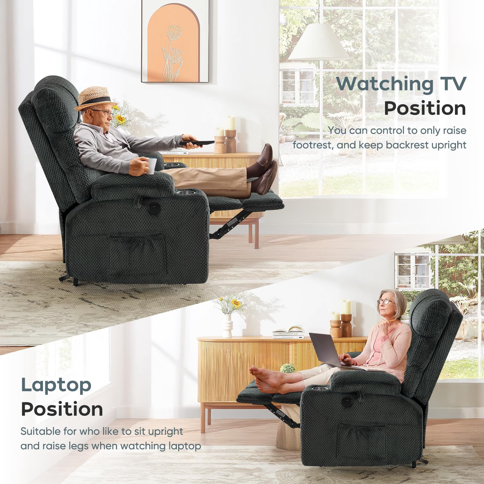 JULY'S SONG Dual Motor Lay Flat Power Lift Recliner Chair with Heat and Massage, USB & Type-C Ports, Large Recliners for Living Room, Oversized Recliner for Adults & Elderly - Grey