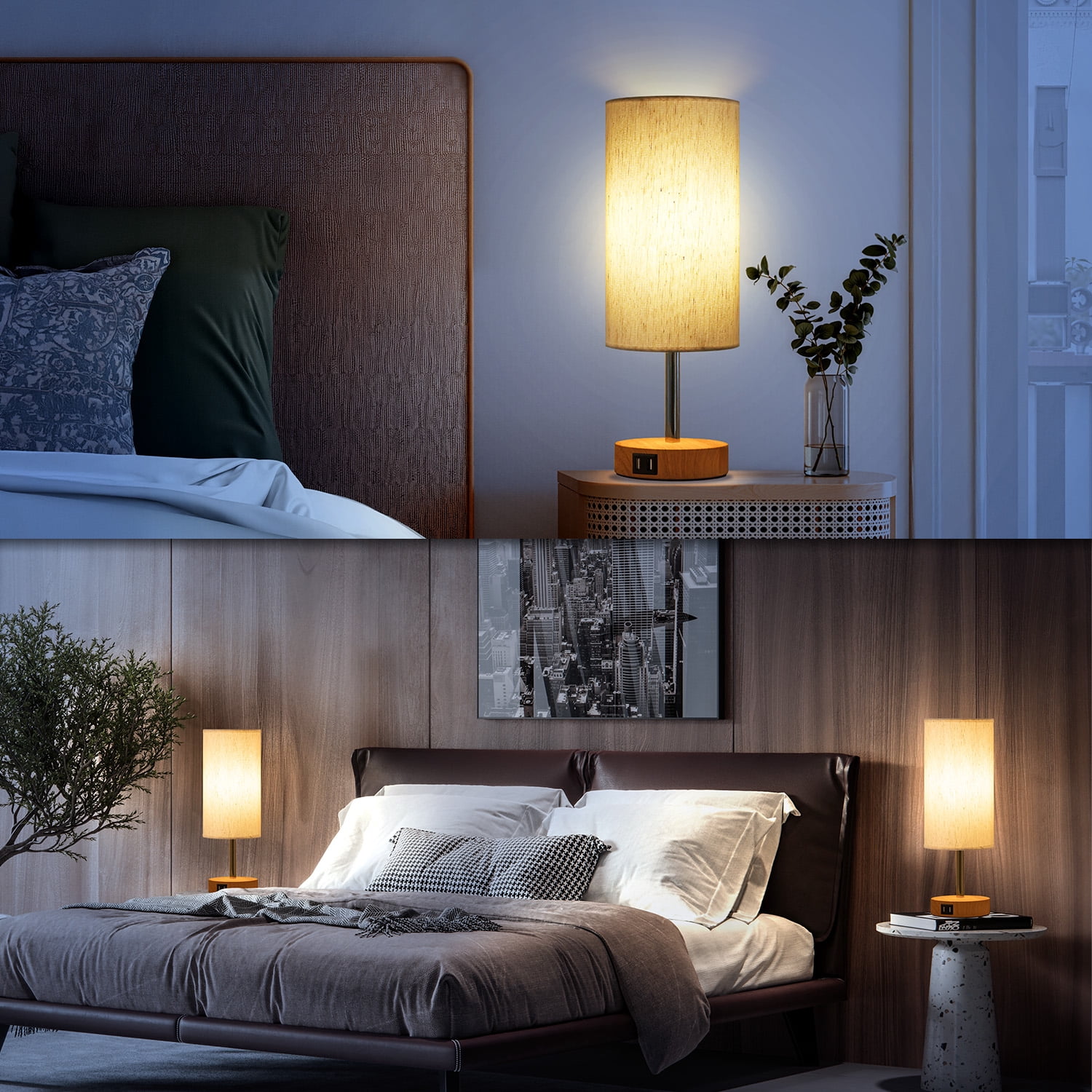 Bedside Lamps Set of 2 with USB Charging Ports - Touch Control Table Lamp for Bedroom Wood 3 Way Dimmable Nightstand Lamp with Round Flaxen Fabric Shade for Living Room,Dorm,Office