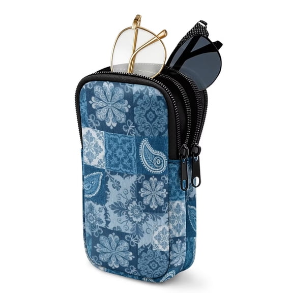 SEANATIVE Portable Sunglasses Case Neoprene Eyeglasses Pouch with Zipper, Dual Compartment Glasee Pouch Protective Eyewear Case Multifunctional Glasses Bag, Paisley Flower Patchwork Print Blue