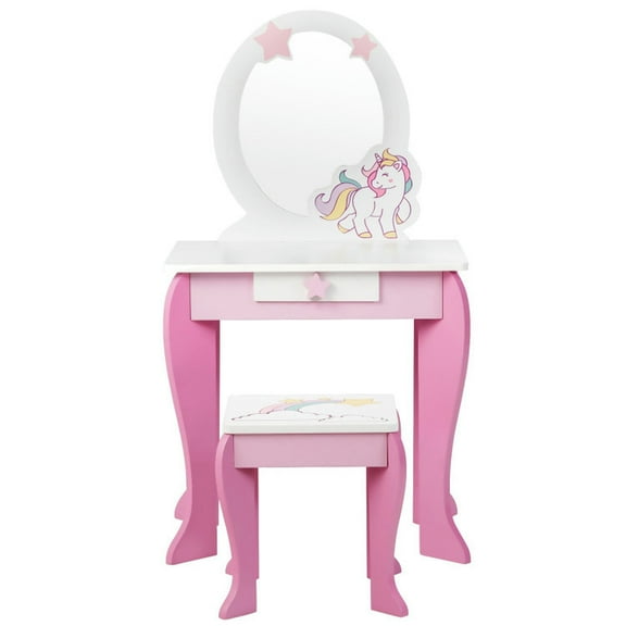 Kadyn Toddler Vanity Set, Kids Vanity Set, Makeup Dressing Table Set,Kids Wooden Makeup Dressing Table and Chair Set with Mirror and Drawer-Pink