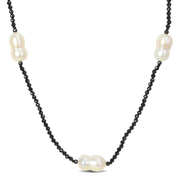 Everly Women's 12-14mm Keshi Pearl and Dimond Cut Black Spinel Station Necklace