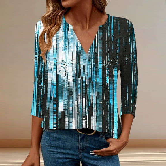Jsaierl Womens 3/4 Sleeve Tops Casual V Neck Shirts Boho Print Petite Blouses Work Holiday T-shirts Top S-2XL