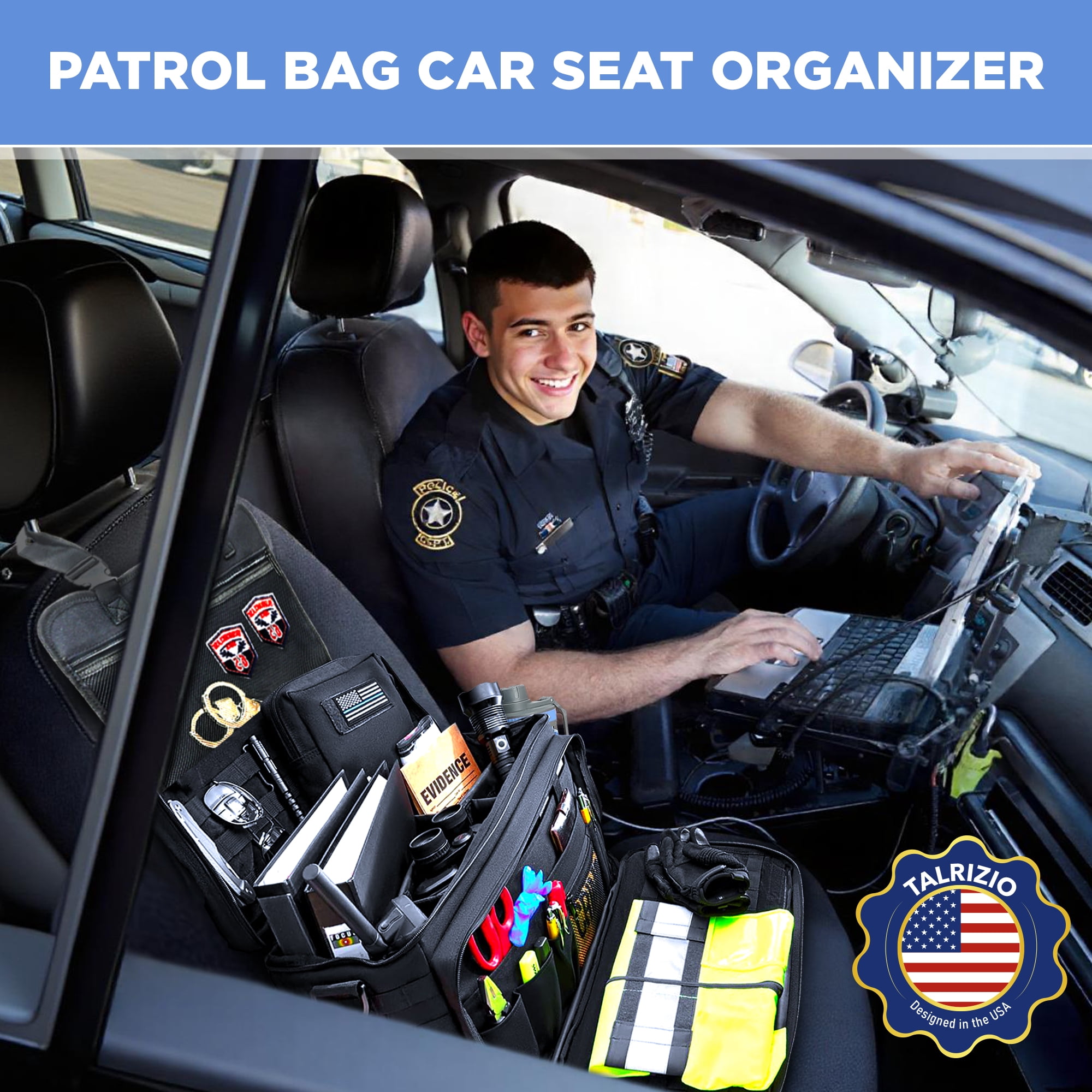 Talrizio Patrol Bag Car Front Seat Organizer for Law Enforcement, Military, and Police, Padded Sleeve for 17" Laptop, and Fits Vehicle Passenger Seat