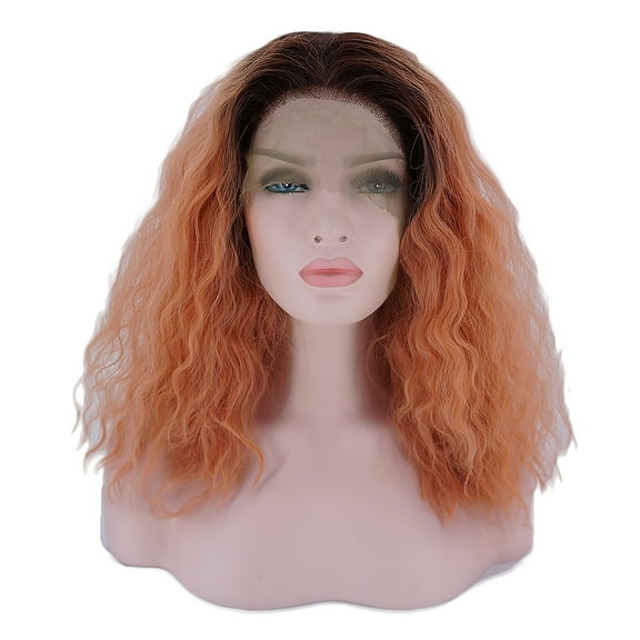Unique Bargains Lace Front Wigs for Women 14" Pink Medium Long Fluffy Curly Wavy with Wig Cap