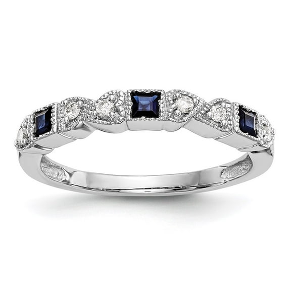 14K White Gold Ring Band Wedding Sapphire Square Blue Diamond Round