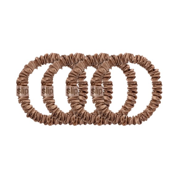 Slip Silk Skinny Scrunchies - Marrón claro - pura seda de morera de 22 momme para mujeres - Agradable para el cabello + lujoso juego de coleteros elásticos (4 coleteros)