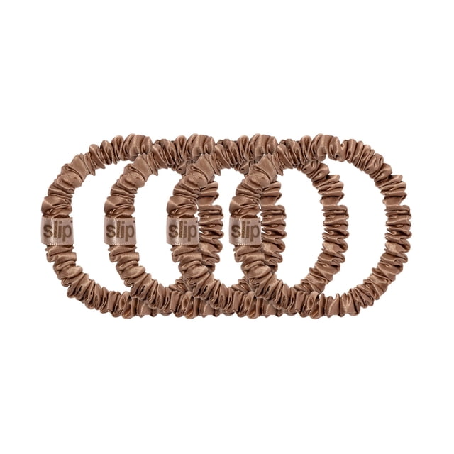 Slip Silk Skinny Scrunchies - Marrón claro - pura seda de morera de 22 momme para mujeres - Agradable para el cabello + lujoso juego de coleteros elásticos (4 coleteros)