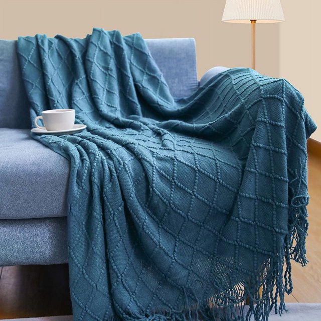 Manta para sofá, manta de punto suave y acogedora con pompón, manta decorativa ligera para sofá, silla, cama, viajes y sala de estar, para todas las estaciones, adecuada para mujeres, hombres y niños (51 x 67, verde azulado) brillar Electrónica