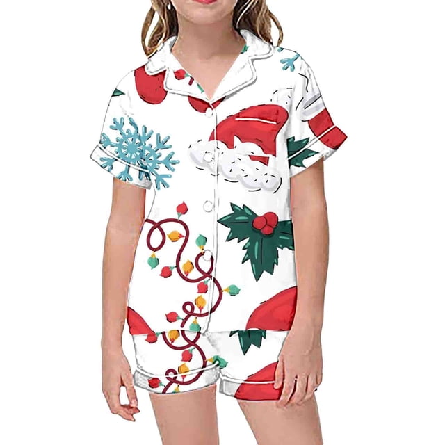 WEAIXIMIUNG Children's Casual Printed Button Down Collar Short Sleeved Top Shorts Pajamas Set 6-7 Years