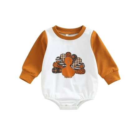

Infant Baby Boy Girl Thanksgiving Day Romper Cartoon Turkey Print Long Sleeve Patchwork Jumpsuit Autumn Bodysuit