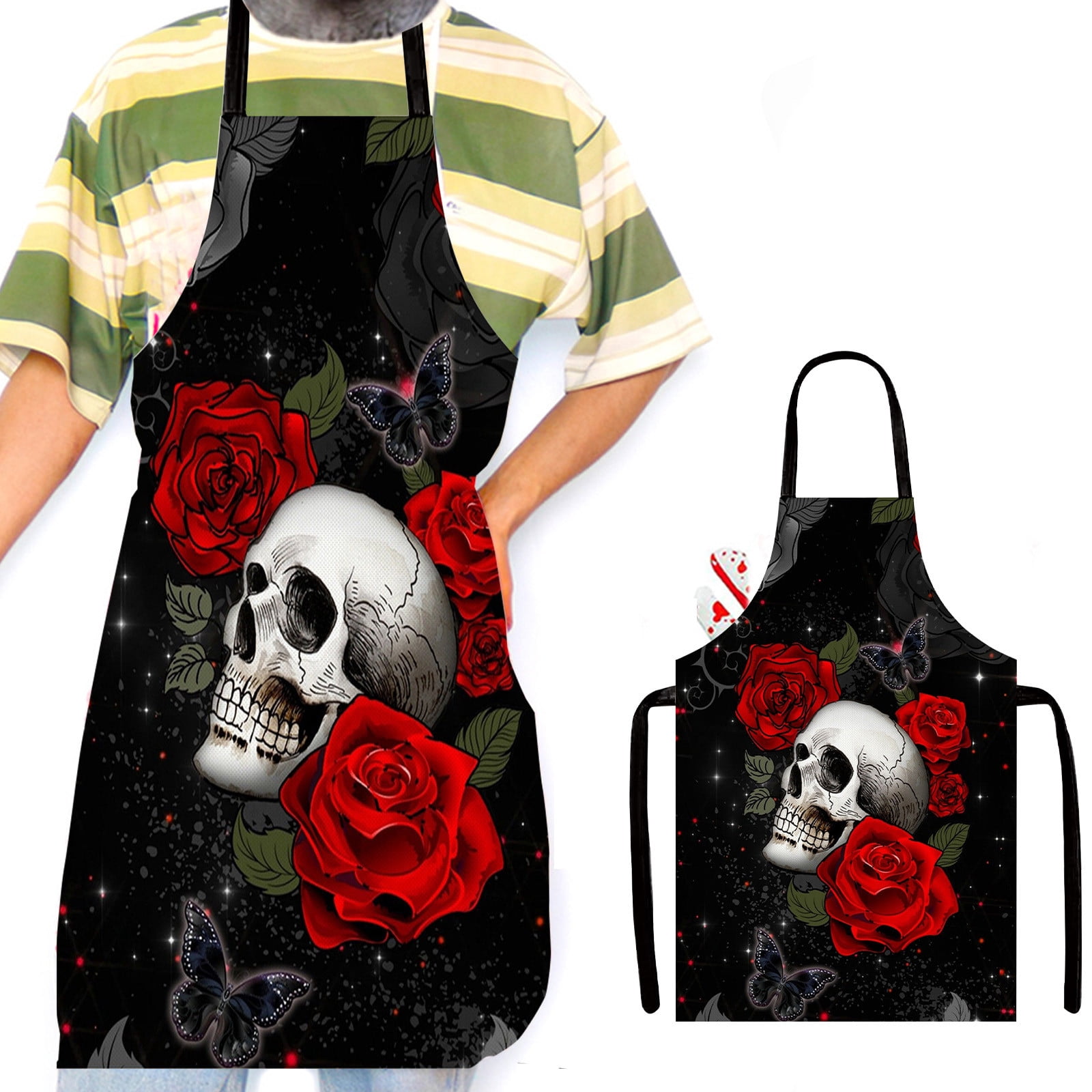 Halloween Apron For Men And Women, Premium Skull Rose Pattern Gothic Holiday Decorative Apron for Kitchen, Dining Room, Cooking