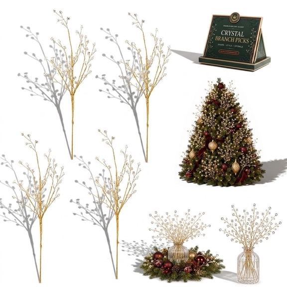 Crystal Beaded Christmas Tree Branch Picks, Catch Nearby Lights Bendable Wired Sprays Fill Bare Wreaths Garlands Bouquets, Instant Sparkle & Fuller Holiday Décor Transparent Ornament Set