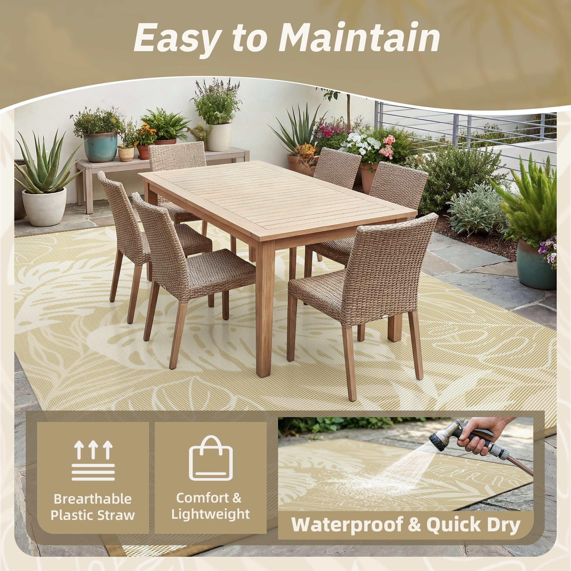 SIXHOME Outdoor Rug 5'x8' Waterproof Reversible Patio Rug Boho Geometric Indoor Outdoor Rugs Lightweight Plastic Straw Ourdoor Carpet for RV Camping Deck Balcony Modern Porch Decor Beige