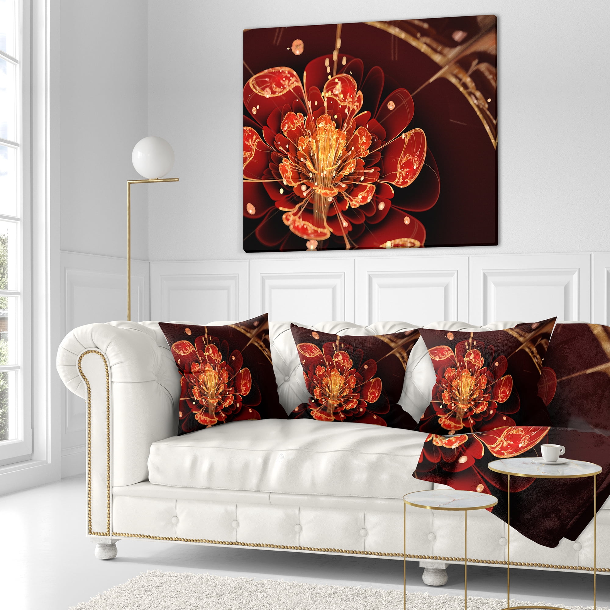 Designart Flower with Red Golden Petals - Floral Throw Pillow - 16x16