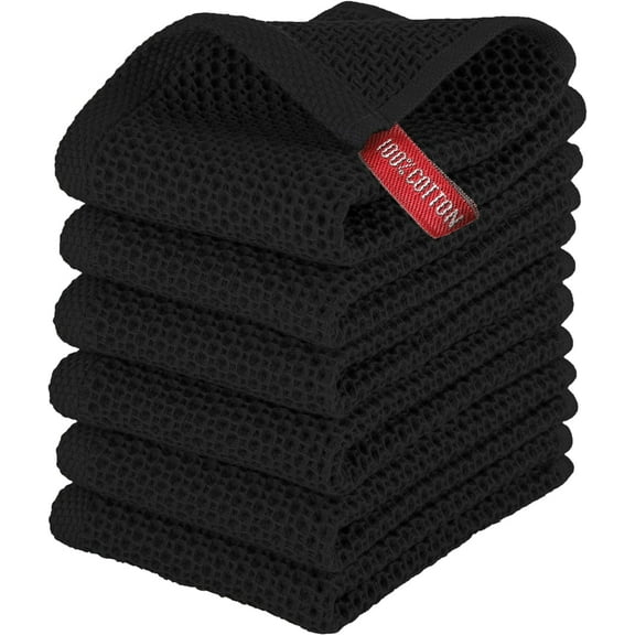 Elegant Comfort 100% Turkish Cotton 6-Pack Waffle Kitchen Towels - Quick Drying and Absorbent Kitchen Dishcloth Towels, Soft Multi-Purpose Cleaning Towels, 13 x 13, Black