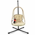 thumbnail image 4 of Swing Egg Chair with Stand, Indoor Outdoor Hanging Chair with Removable Guardrail & Cup Holder, Rattan Wicker Patio Basket Chair with Cushion, 350lb Capacity, Beige+Brown, 4 of 6
