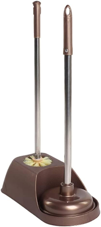 Toilet Plunger and Bowl Brush Combo for Bathroom Cleaning, 2 in 1 Long Handle Toilet Brush and Plunger with Holder, 1 Set ( Coffee )