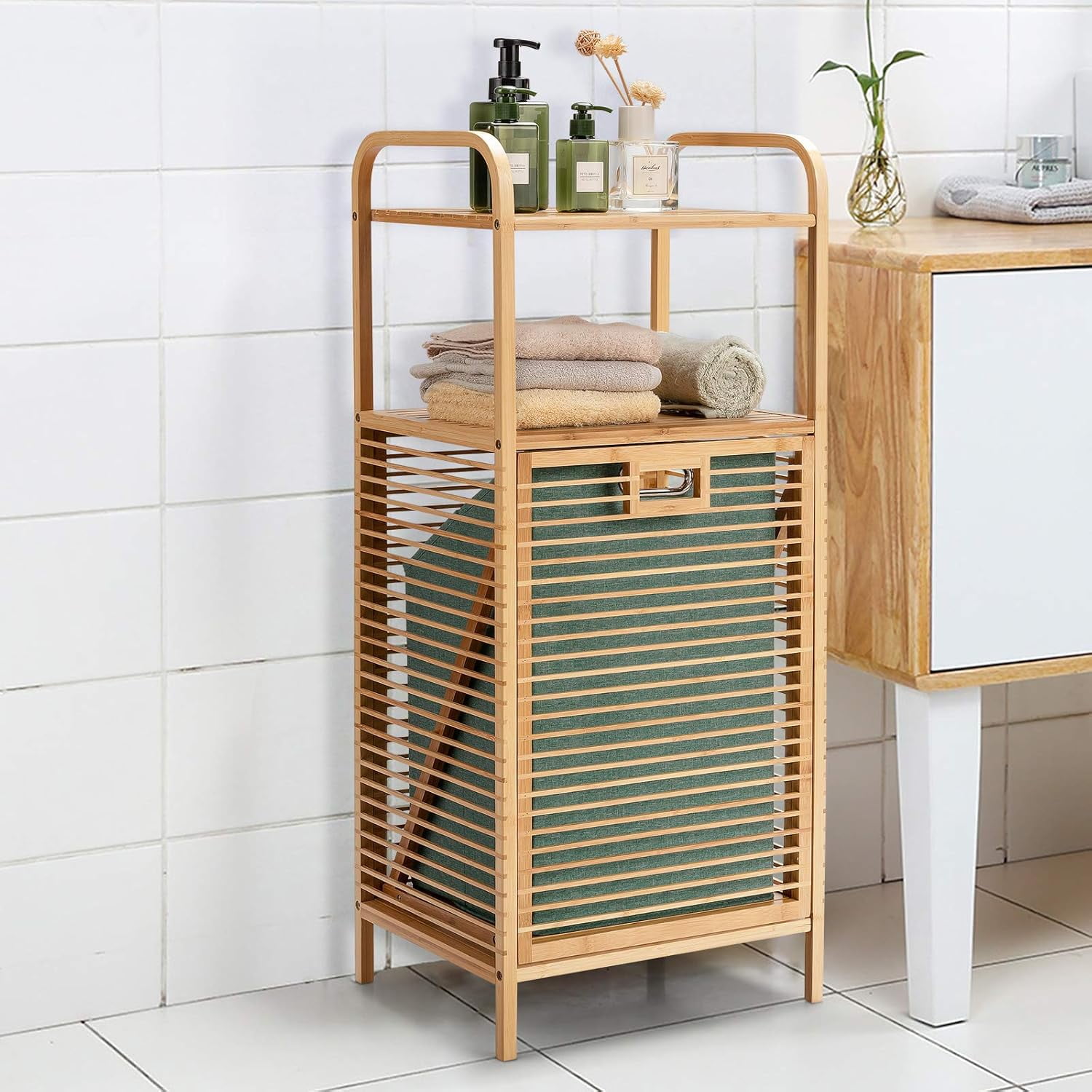 Favory Laundry Hamper Tilt-Out Laundry Linen Hamper Bamboo Freestanding Clothes Basket W/Shelf & Removable Liner, Storage Laundry Shelf for Bathroom Living Room Bedroom, Natural