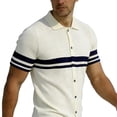 thumbnail image 4 of Men's Casual Lapel Shirt Acrylic Knit, Short Sleeve Shirt Breathable Comfort, Notch Lapel Regular Fit Button Closure, Stripe Texture Full Button Front, Daily Office | Zenithor,Dark Blue M, 4 of 5