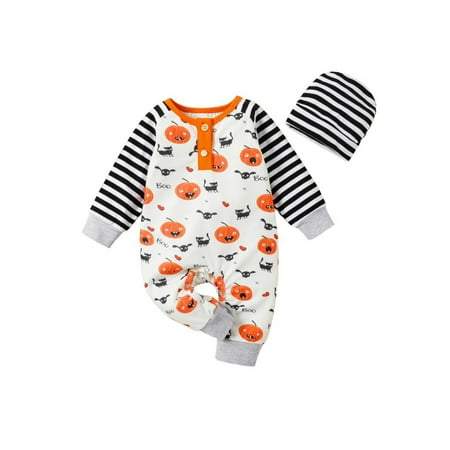 

Lesimsam Baby Girls Boys Halloween Jumpsuit 3M 6M 9M 12M 18M 24M Casual Long Sleeve Crew Neck Bodysuits Black Cat Pumpkin Print Romper with Hat Newborn Infant Clothing