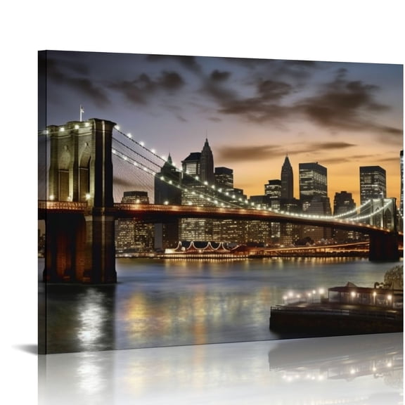 JRXY Brooklyn Bridge Canvas Wall Art: Skylines Reflections in New York Artwork for Office Living Rooms(20x16 inch) 16x12in