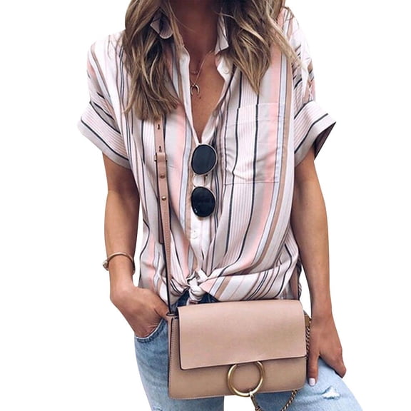 Women Buttons Colorblock Vertical Stripes Short Sleeve Shirts