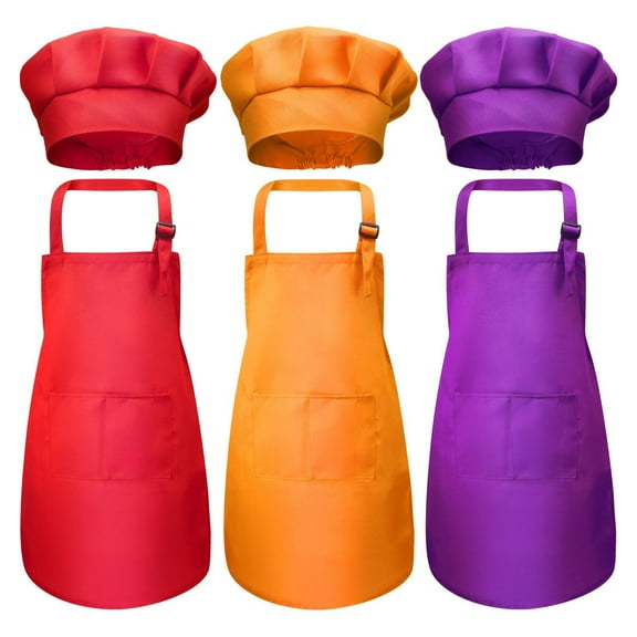 6 Pieces Kids Chef Hat Apron Set, Boys Girls Aprons for Kids Adjustable Aprons Kitchen Bib Aprons with 2 Pockets for Kitchen Cooking Baking Wear
