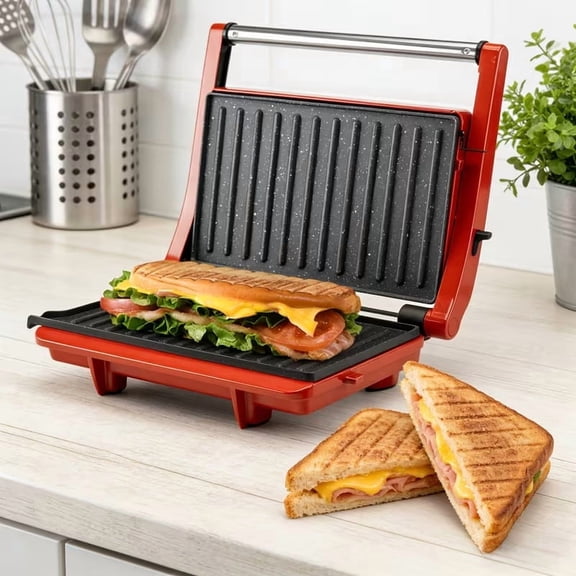 Sleek 3‑in‑1 Indoor Countertop Multi‑Function Grill Station, Panini Press Sandwich Maker with 180 ° Flat‑Open Floating‑Hinge Non‑Stick Plates and Drip Tray for Steak, Burgers and Sandwiches