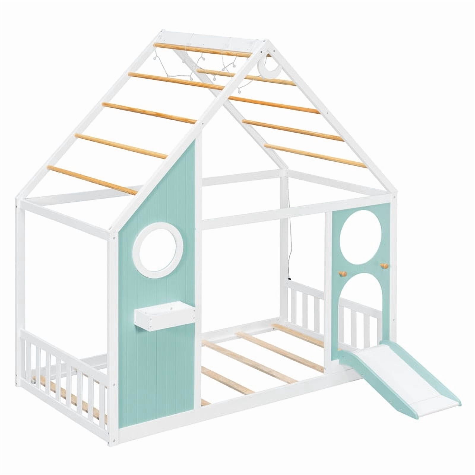 Twin Size Kids House Bed with Small Slide, Wooden Playhouse Floor Design Platform Bed Frame with Light Strip & Storage Shelf