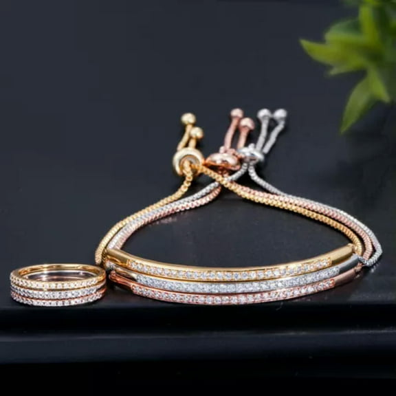 6Pcs Gold Plated CZ Stone Ring Bangle Bracelet Jewelry Sets for Women