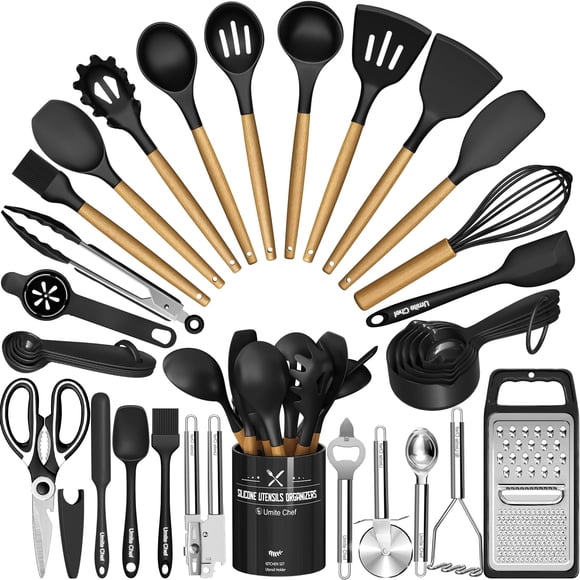 Kitchen Utensils Set- 34PCS Silicone Cooking Utensils with Holder, Umite Chef Heat Resistant Kitchen Utensil Spatula Set for Nons