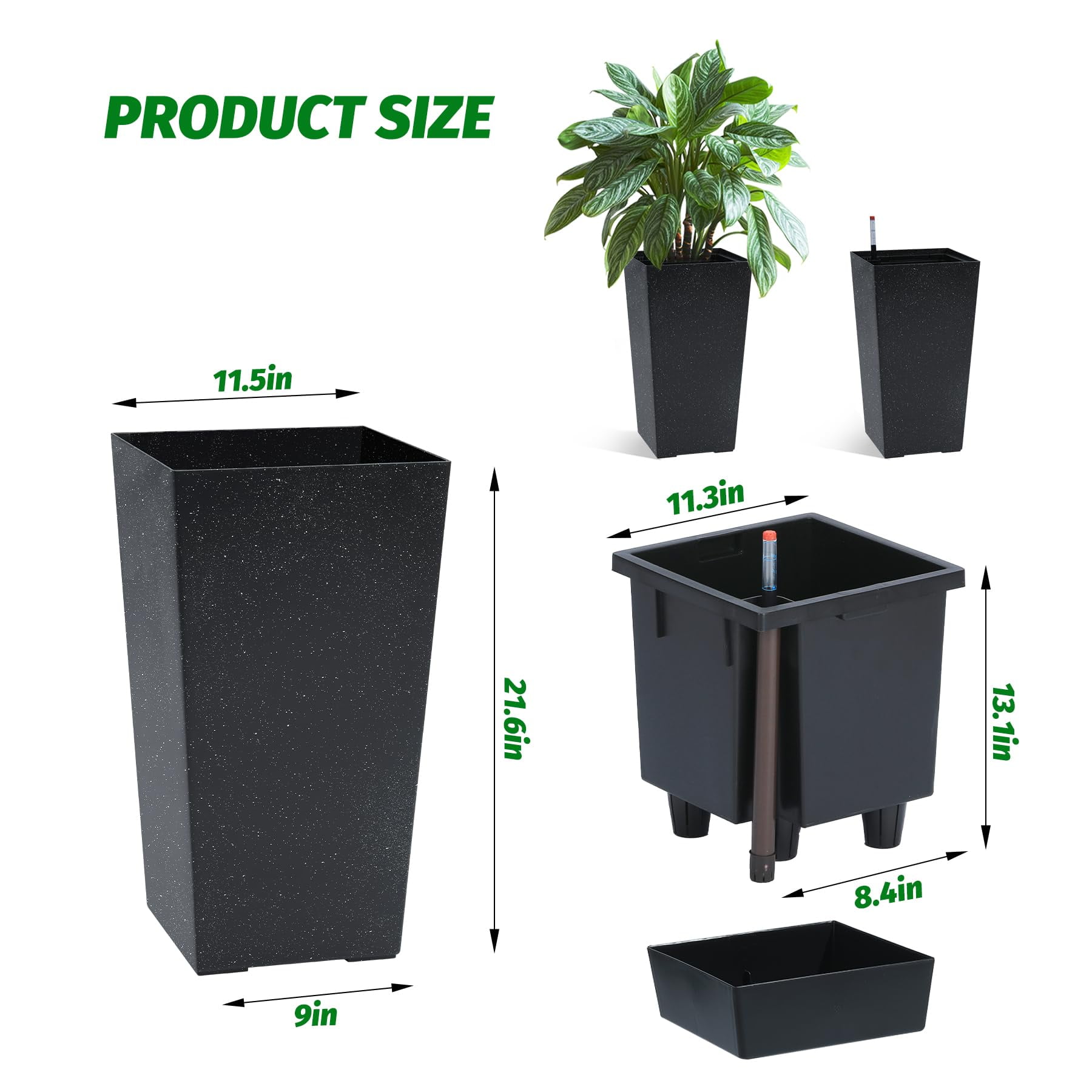 MAROUTE 21.7" Tall Rectangular Planters Set of 2 – with Trays, Water Monitor, Self-Watering, Indoor/Outdoor