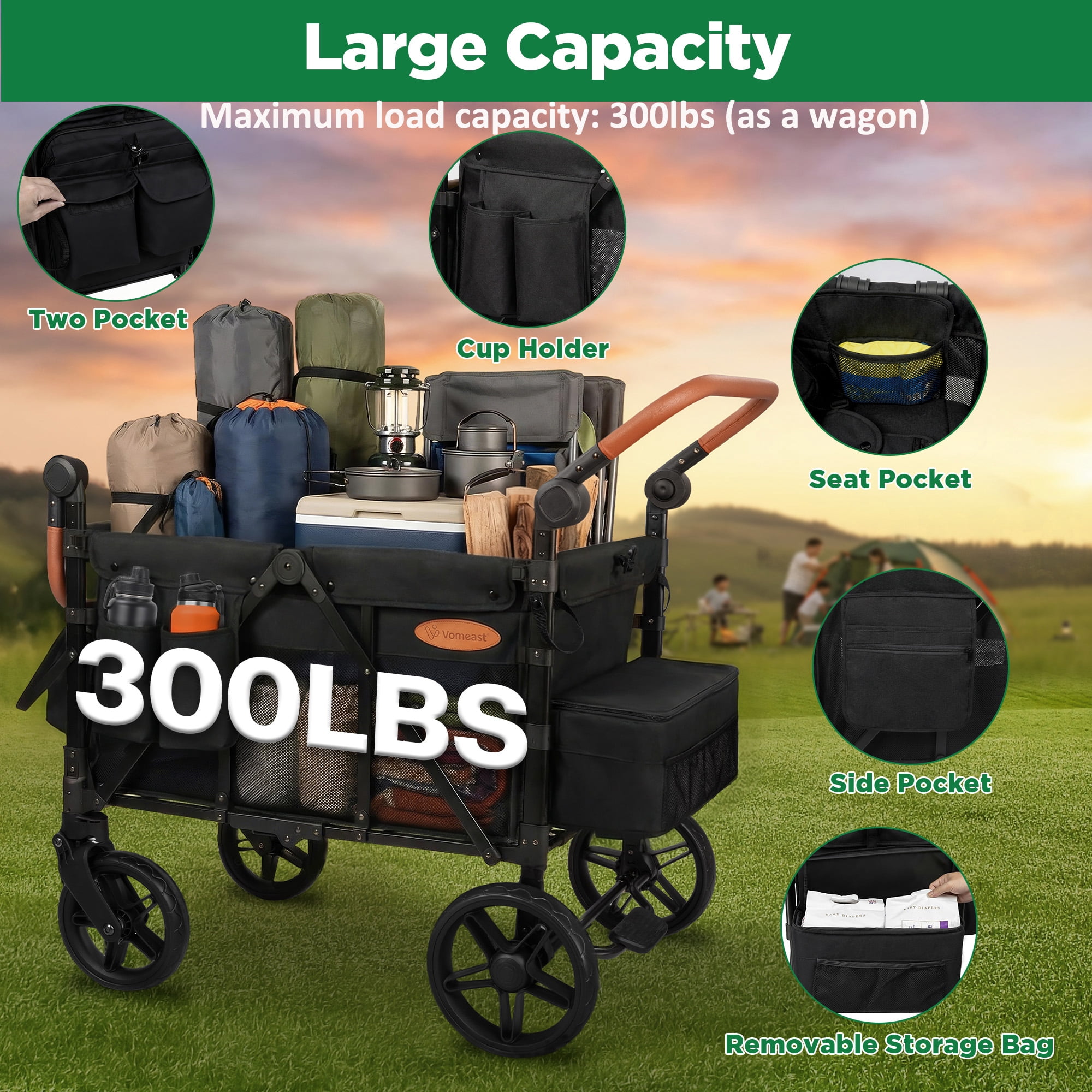 Vomeast Upgrade Wagon Stroller for 4 Kids, 4-Seater Outdoor Baby Stroller Wagon with Canopy, 5-Point Harness, Adjustable Handle(Black)