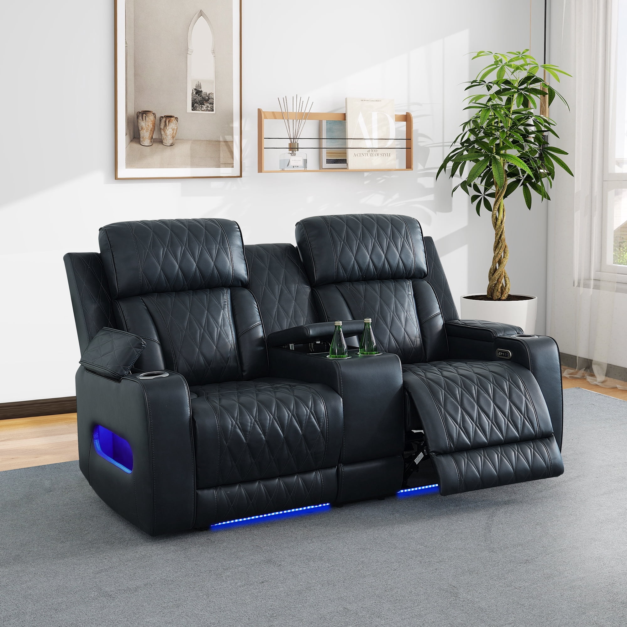 MAYEERTY 2-Seat Intelligent Recliner Sofa Loveseat with Breathable Leather, Storage Bucket & Cup Holders for Family Room